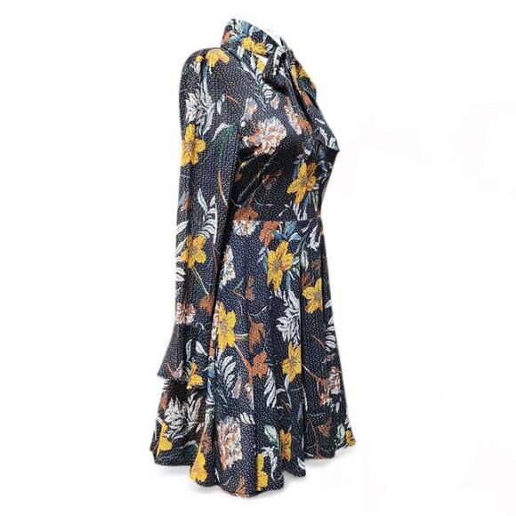 California Moon Rise Dress Fall Floral Bow Neck Blue Mini Nomad Art House Small - Picture 3 of 12